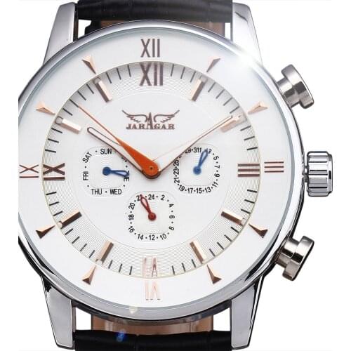 Top Brand JARAGAR Mens Luxury Automatic Mechanical Watches Calendar Dial 6 Pin Genuine Leather Band Dress Watches For Men