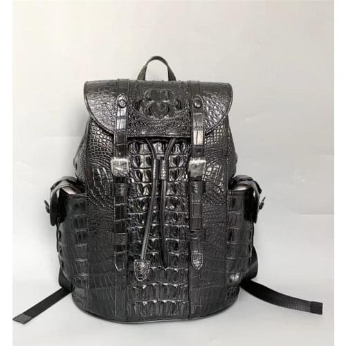 Authentic Crocodile Skin Drawstring Closure Male Black Casual Backpack Genuine Alligator Leather Mens Large Travel Bag Pack