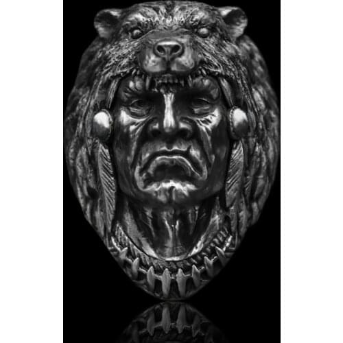 Vintage Men Indian Warrior Skull Ring Gothic Punk 316L Stainless Steel Wolf Head Ring Night Club Party Biker Jewelry Male Bijoux