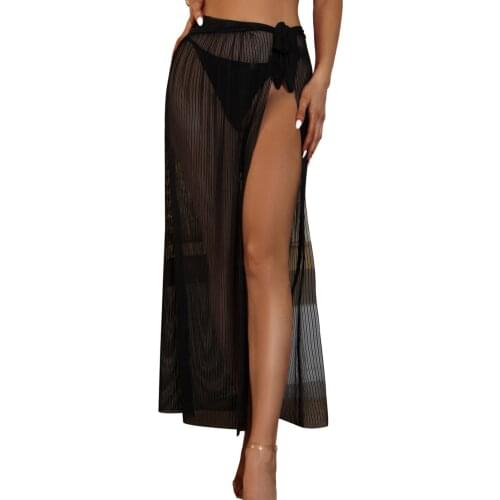 Women Mesh Bikini Cover Ups Solid Color Side Split High Waist Drawstring/Tie-up Skirts Beach Cover Up Skirts