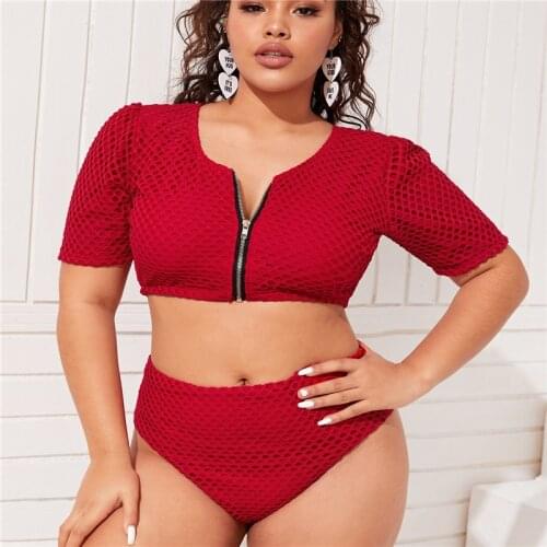 Womens Swimwear 2021 New European and American plus Size Zipper Mesh Double Layer Fabric Two-Piece Suit Bikini Swimsuit