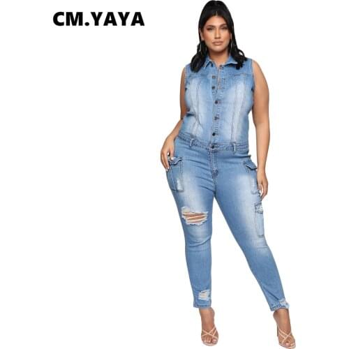Lemon Gina Women Denim Jumpsuit Sleevess Turn-down Collar Ripped Pockets Zip Fly Button Pencil Jumpsuits Fashion Outfit Summer