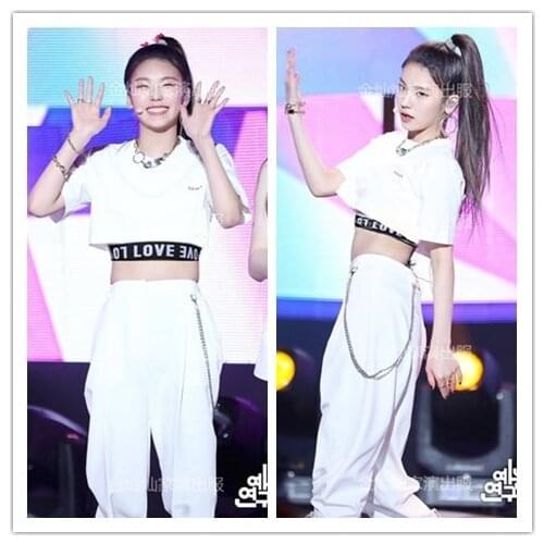 Kpop ITZY Jazz dance show Fashion hip hop white O-neck short sleeved t shirts tops+sexy loose casual trousers women 2 piece set