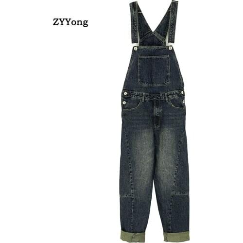 2021 Overalls Mens Bib Jeans Denim Jumpsuit Casual Loose Pocket Workwear Hip Hop Street Wear Cargo Pants Blue Trousers