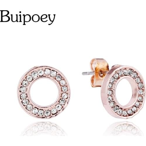 Buipoey rose Gold Circle Crystal Earrings For Women Girl Original Lover Couple Birthday Gift Fine Round Stud Earrings Jewelry