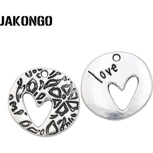 JAKONGO 10pcs Antique Silver Plated Love Heart Charms Pendants for Bracelet Jewelry Making DIY Necklace Craft 22*21mm