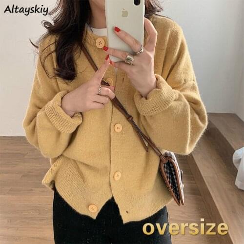 Cardigan Women Sweet Pure Color Korean Style Outerwear Knitted Female Students Round Neck Long Sleeve Loose Cozy Mujer De Moda