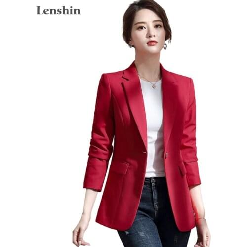 Lenshin Vintage England Style Single Button Coat with Pockets for Women Solid Long Sleeve Jacket Fashion Outwear Blazer