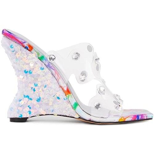 Summer Rhinestone Transparent Sequins Wedge Heel Slippers Bling Bling Crystal Studs PVC Sandals Sequare Peep Toe Cutout Shoes