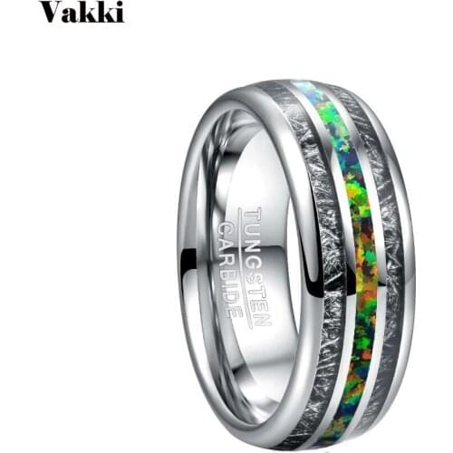 VAKKI 8mm Stone Mens Ring Inlaid Black Meteorite Green Opal Wedding Band Engagement Ring Tungsten Carbide Ring