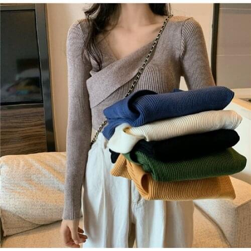 2021 autumn and winter new slim slimming knit sweater, cross-designed base sweater knit sweater top women