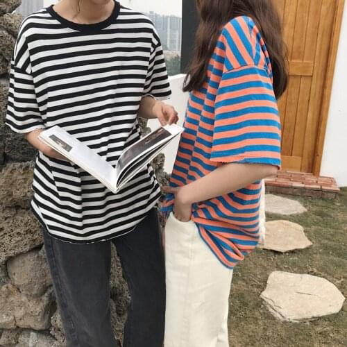 Han edition easy to film the new spring and summer net price show thin stripes coat short sleeve T-shirt female in long joker sh