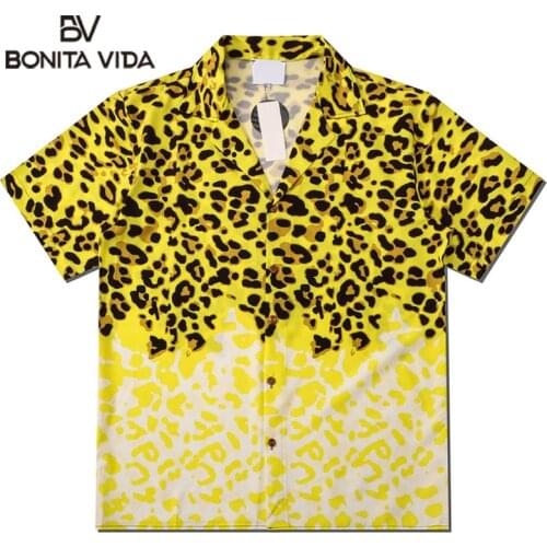 Bonita Vida Leopard Print Floral Hawaiian Aloha Shirt Men Summer Hip Hop Short Sleeve Shirts Vacation Clothing Chemise Homme