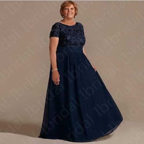 Navy Blue Lace Mother of the Bride Dresses Short Sleeves Wedding Party Dresses Plus Size Jewel Neck 2021 Mother Dresses Back Out