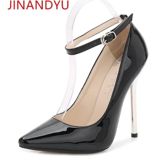 Women Thin High Heels Patent Leather Pumps Women12CM Ankle Buckle Party Shoes Ladies Pointed Toe Stiletto Heels Big Size 44