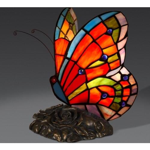 Vintage Art Color Tiffany Small Night Light Butterfly Creative Bedroom Bedside Lamp Resin Table Lamps