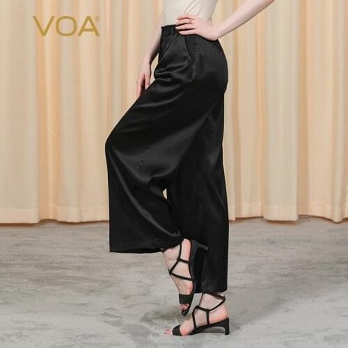 VOA 19m/m Satin Mulberry Silk Elastic Black Smooth Buttons Natural Waist Skin-friendly Summer Refreshing Wide-leg Pants KE21