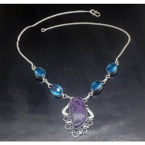 Hermosa Jewelry DalmatianJasper Shiny BlueTopaz Silver Color Women Ladies Gifts Pendant Necklace Chain 44cm 20213400