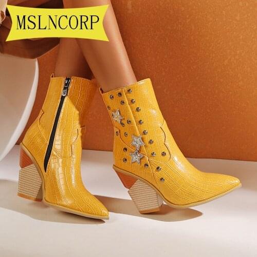 Plus Size 34-48 Women Ankle Boots Leather Party Ankle Shoes for Women Pointed Toe Chelsea Boots Fashion High Heel Boots Punk