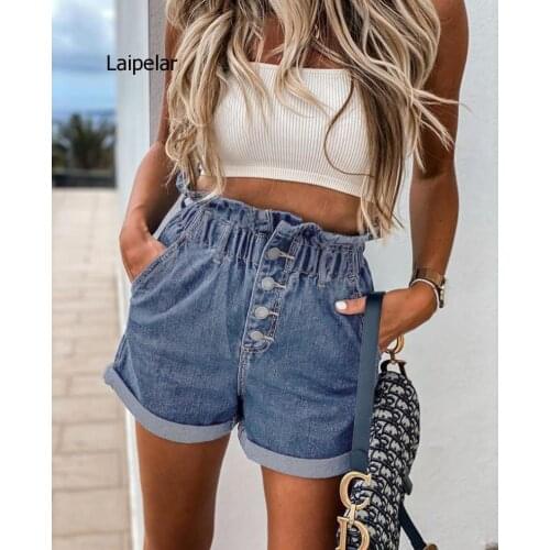 2021 Womens New High Waist Denim Button Top Star Fashion Jeans Shorts for Summer