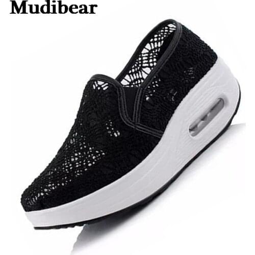 Mudibear 2020 Fashion Women Casual Shoes Wedges Lace mesh face rocking shoes womens shoes breathable platform lazy shoes mujer
