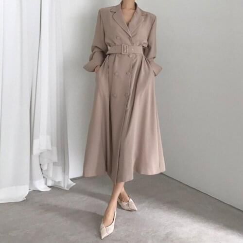 Vintage Elegant Double Breasted Women Trench Coat Long Sleeve Belted Ladies Outerwear Loose Female Windbreaker 2021 New MH674