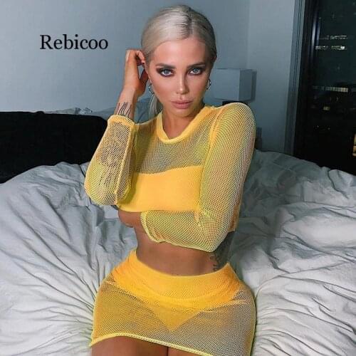 Women Fishnet Two Piece Sets Long Sleeve Crop Tops+Skirt Suit Sexy See-through Bodycon Two Pieces Neon Green Yellow Outfits