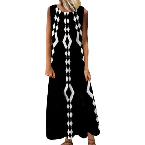 Hillsionly Plus Size Womens Floral Pattern Printed Round Neck Sleeveless Splicing Home Casual Dress Maxi Dress For Women 2021