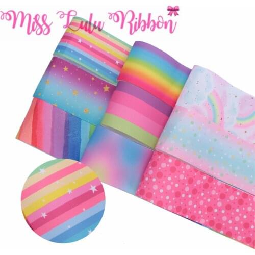 16mm-75mm Rainbow Gradient Color Stripes Star Cloud Printed Grosgrain/Elastic Ribbon DIY Hair Bowknots Party Decor 50yards/roll