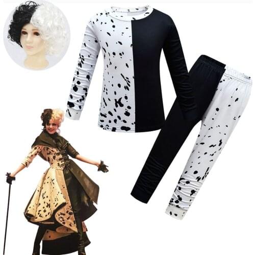 2021Girls Pajamas Queen Black White Cruella cosplay Clothes Set Cartoon Sleepwear Kids streetwear Toddler Baby Outfits clothes