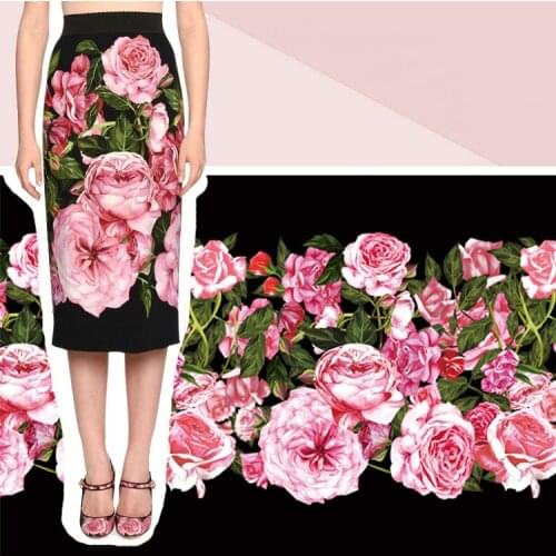 70x145cm Fashion Big Rose Printed Imitate Silk Satin Fabric For Woman Skirt DIY Cloth Sewing