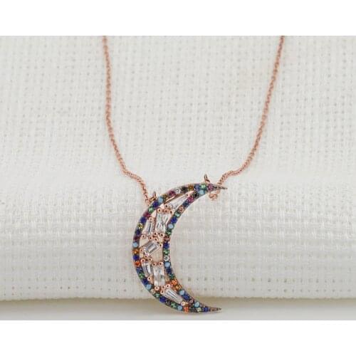 925 sterling Silver Rose Baget Cubic Zirconia Moon Pattern Lady Necklace