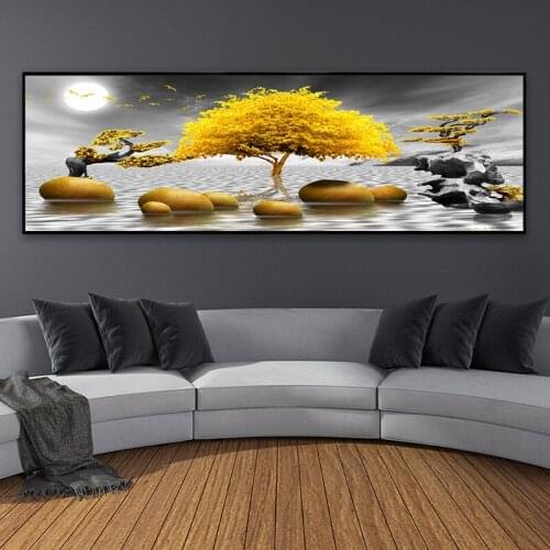 Diamond Painting Golden Abstract Landscape Art Tree and Stone 5d Diy Handmade Embroidery Kit Full Square Round Drill Home Decor