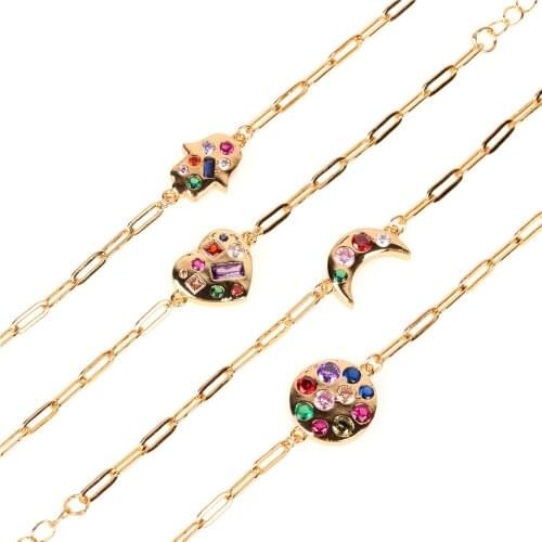 EYIKA Bohemian mix color Zircon hamsa bracelet Fashion Checkered heart star bangle with Lobster clasp link chain for Mother gift