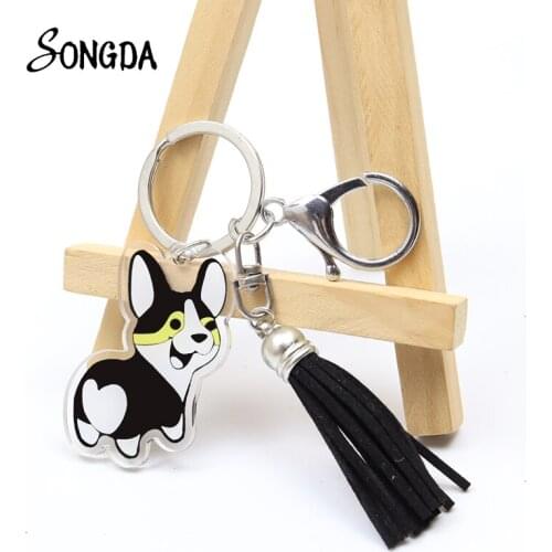 Cute Funny Butt Dog Tassel Acrylic Pendant Keychain Charms Cartoon Corgi Husky Key Ring Double Sided Jewelry Accessories Gifts