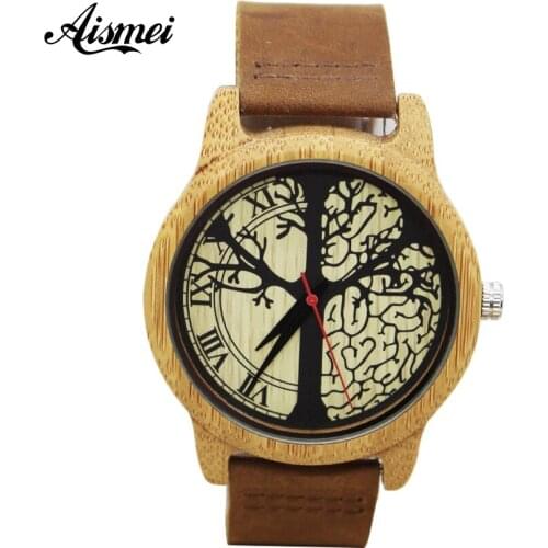 Aismei brand Retro Men Women Wood Watches Fashion Casual Tree dial Quartz Watches Clock Casual Genuine Leather Wristwatches