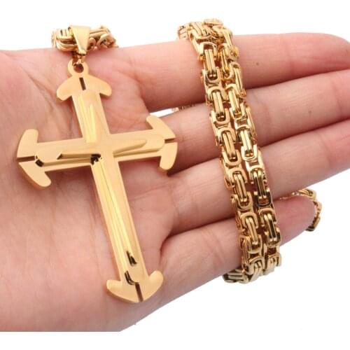 Simple Design Gold Color Jesus Cross Pendant Necklace 5mm Stainless Steel Long Byzantine Chain Mens Prayer Jewelry Best Gift