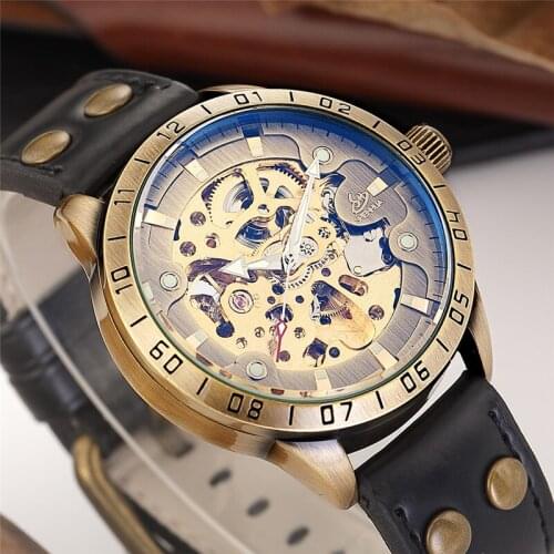 Classic Men Watch Automatic Mechanical Skeleton Male Clock Top Brand Luxury Antique Bronze Design Sport Military Wristwatch 077