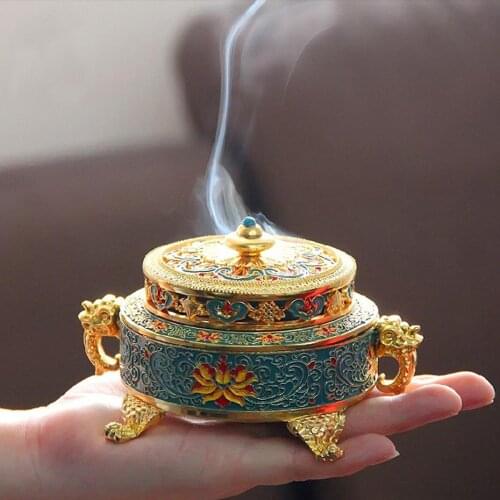 Incense Burner Holder Metal Tibetan Style Painted Enamel Zinc Alloy Coil Incense Crafts Home Office Decoration Gift