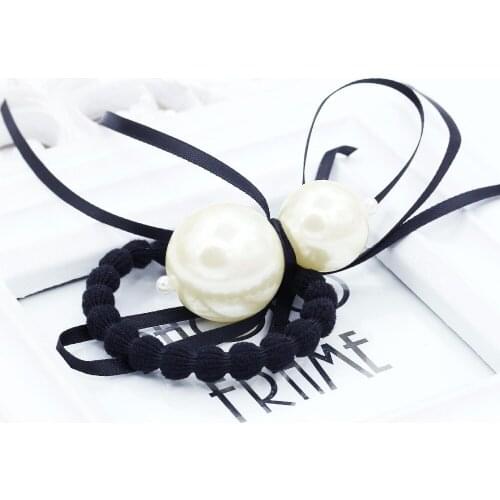 Double White Simulated Pearl Thin Ribbon Ties Bow Nodes Elastic Band Hair Accessories Ponytail Holder Women Hairwear
