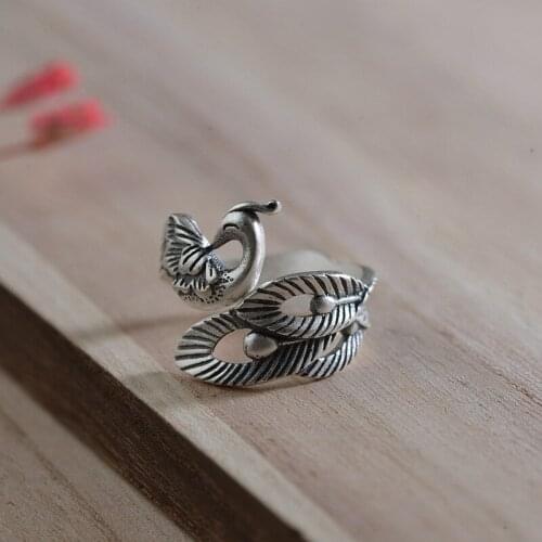 FNJ 925 Silver Animal Peacock Ring Original S925 Sterling Silver Rings for Women Jewelry Open Adjustable USA Size