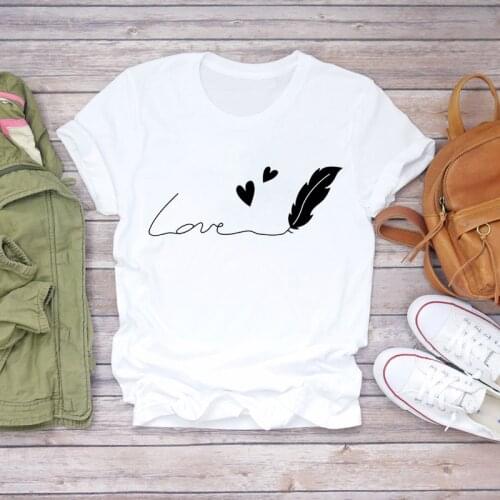 Women T-shirts Feather Love Simple Sweet Printing Summer Autumn Print Lady Womens Stylish T Top Shirt Girl Tee T-Shirt