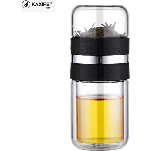 KAIXIFEI Business Type Water Bottle Glass Bottle with Stainless Steel Tea Infuser Filter Double Wall Glass Sport Water Tumbler