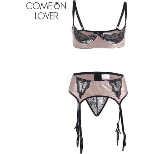 Comeonlover Lingerie Garter Set Plus Size 5XL Satin Underwear Women Sexy Set With Garter Belt Underwire Langerie Sets RE80319