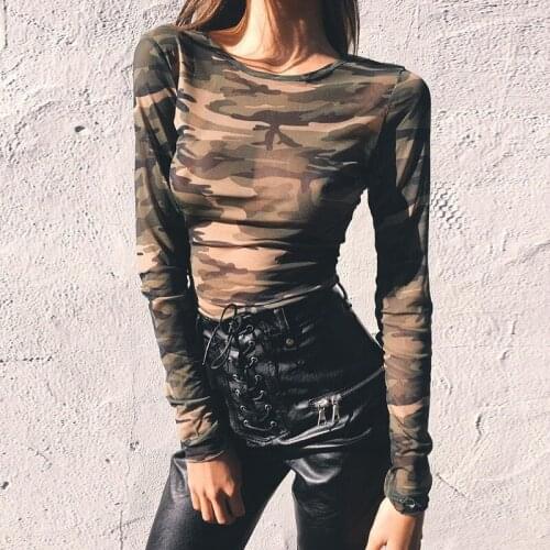 Manubeau Summer Sexy Perspective Camouflage T shirt Women Cropped Long Sleeve O-Neck Crop Top Tee shirt Womens Basisc Tops