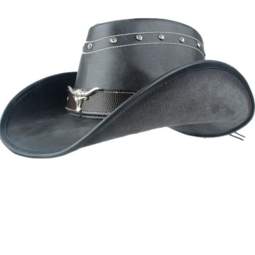 Unisex Men Women Leather Western Cowboy Hat Winter Outdoor Travel Outblack Jazz Sombrero Cowgirl Cap Size 58-59CM Black