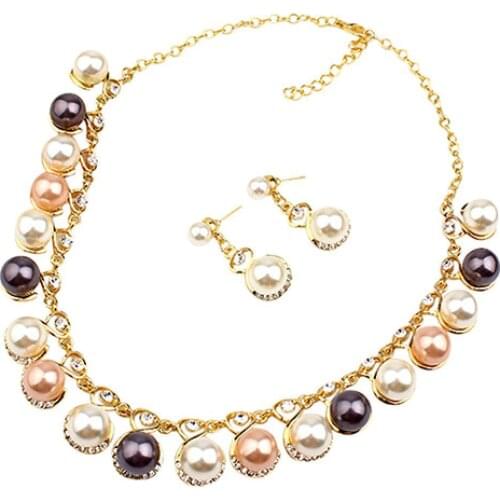 Women Faux Pearls Rhinestone Chain Necklace Earrings Wedding Bride Jewelry Set