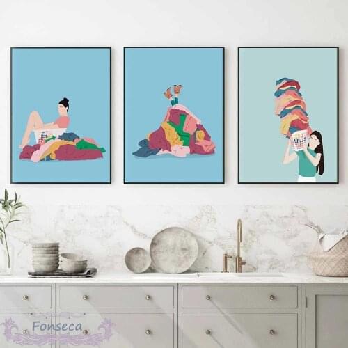 Funny Satire Clothes and Girl Wall Art Canvas Painting Laundry Room Bathroom Decoration Modular Posters and Prints