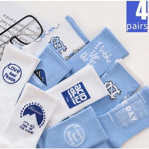 4 Pairs Womens Short Socks Cotton Trend White Blue Harajuku Unisex Mens Socks With Print Letter Preppy Style Casual Sport