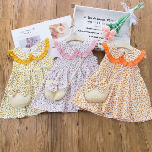New Summer Kids Dresses for Girls Children Girl Dress 2 Pcs Sets Apricot Print Doll Collar Sleeveless Girls Dresses+bow Bag 0-4Y